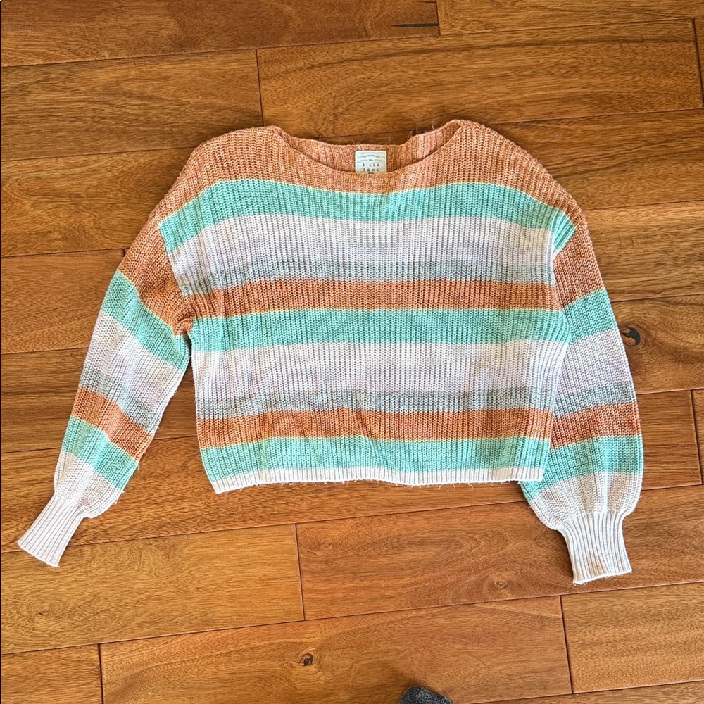 Billabong Women's Striped Sweater in Cream, Tan, and Green